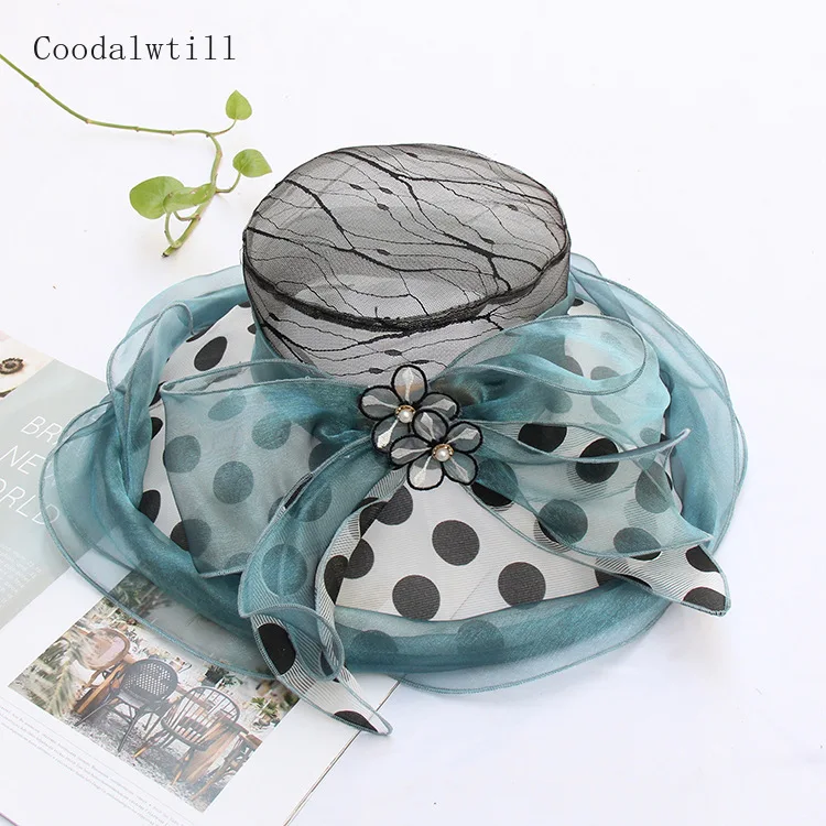 

Fashion Dot Organza Summer Hat Women Elegant Summer Beach Sun Hat Wide Brim Fascinator Hat For Party Kenducky Event Chapeau Cap