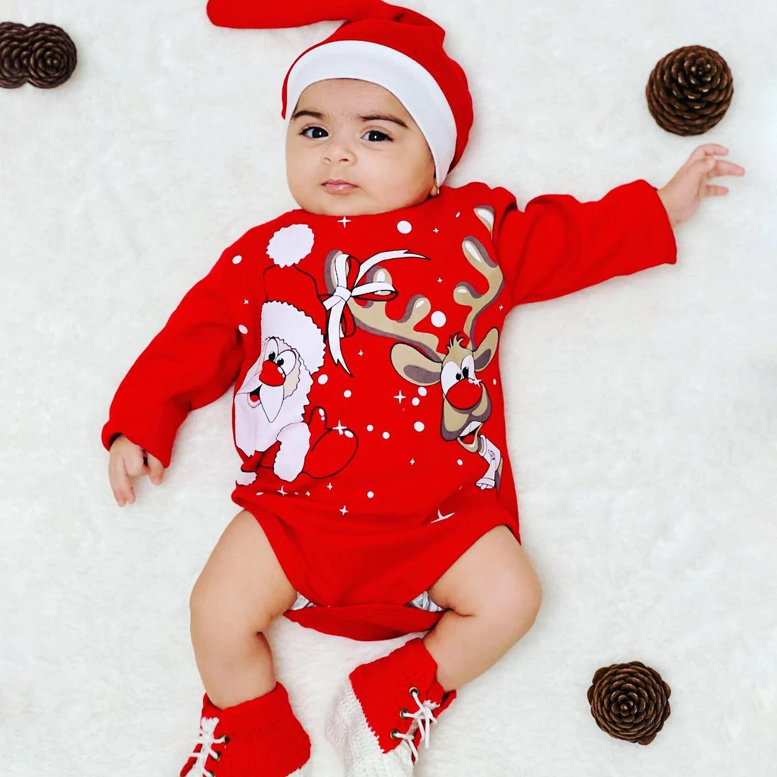 

Детский комбинезон с длинным рукавом, с круглым вырезом и принтом Санта-Клауса