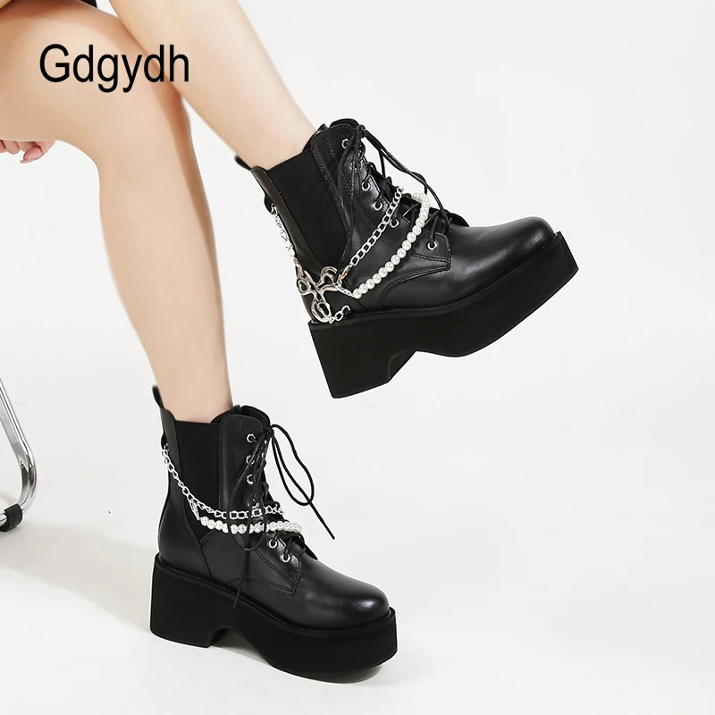Gdgydh Women Chunky Boots Platform Heels Lace Up Fashion Pear Combat Ankle Boots Side Zipper Chain Decor Daughter Concert