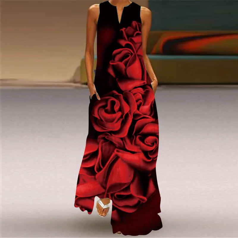 

Summer V Neck Sleeveless Dress Beach Holiday Loose Casual Rose Print Vintage Maxi Dresses Woman Elegant Party Robe Vestidos