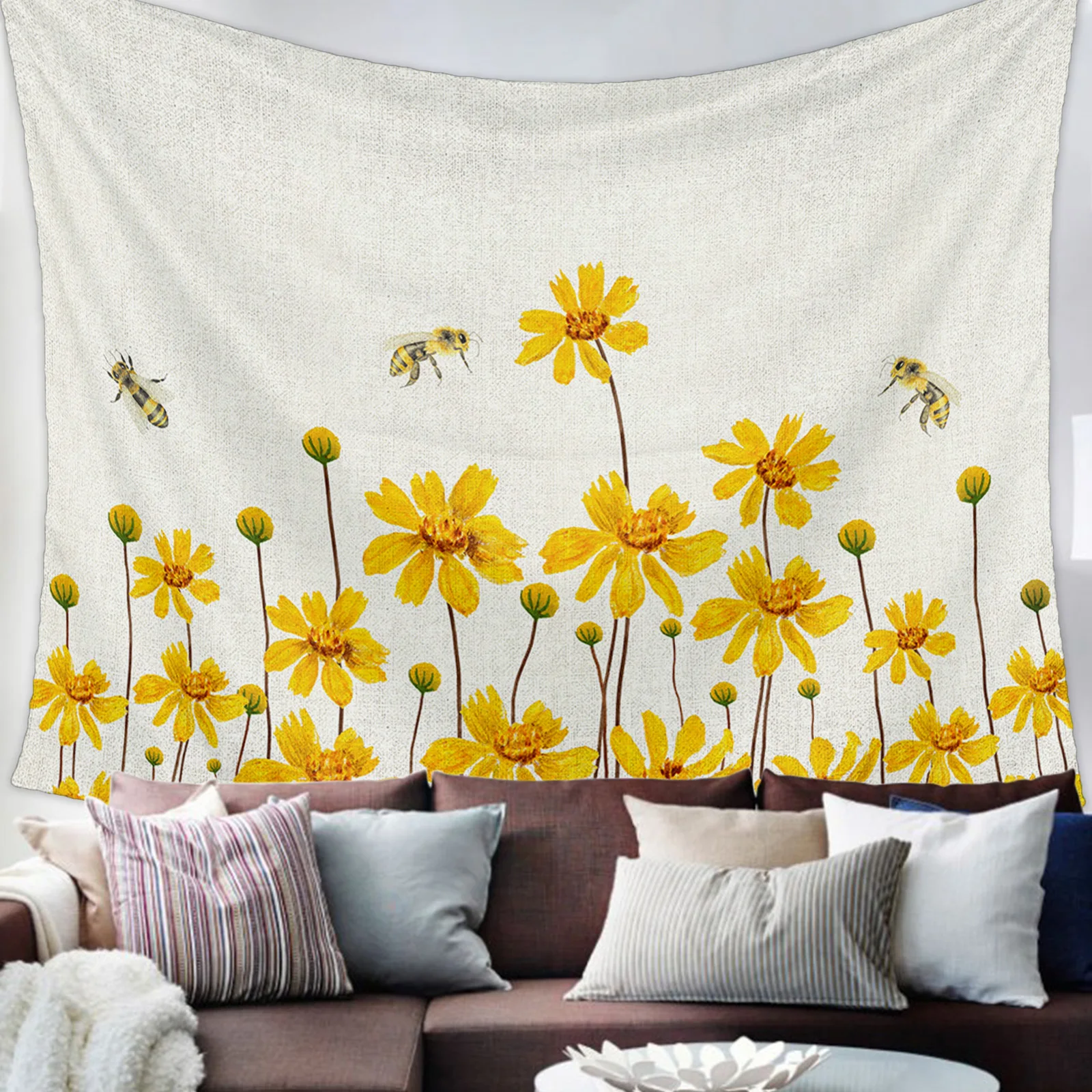Настенный декоративный гобелен с желтыми цветами и пчелами