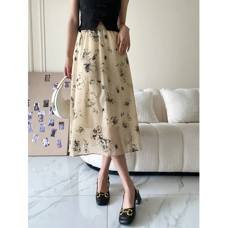 

Elegant Women Mesh Long Skirt Summer High Waist Floral Print A-line midi skirts 2022 office lady casual Faldas Largas