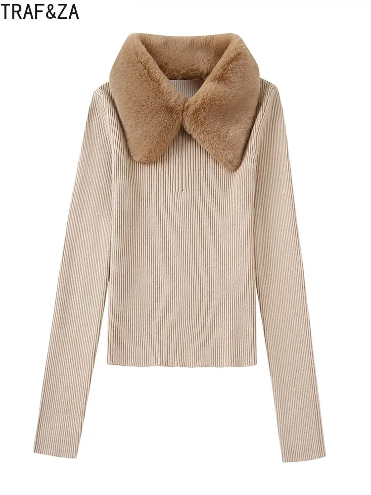 Женский трикотажный пуловер с длинным рукавом и воротником из искусственного