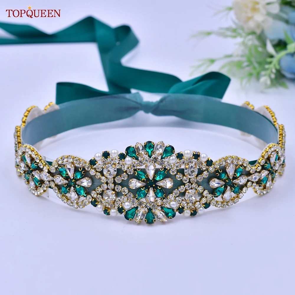 TOPQUEEN S161-KL стразы, золотой пояс для женского вечернего платья, марокканский кафтан, роскошный женский Фотофон, свадьба, зеленые бриллианты