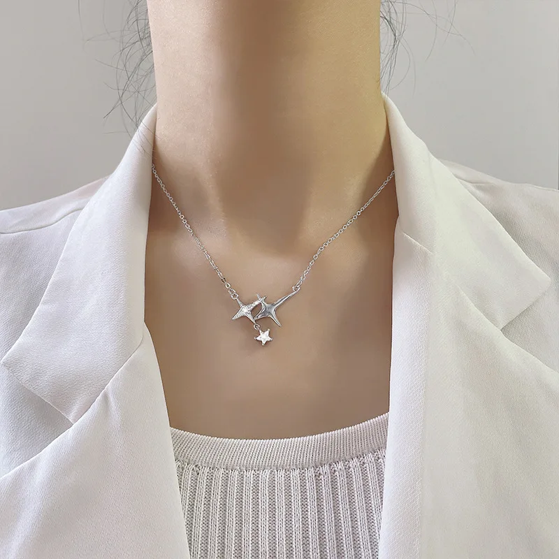 

925 Sterling Silver Tassel Link Chain Zircon Cross Star Charm Necklace Pendant For Women Girls Jewelry Gift Accessories dz932