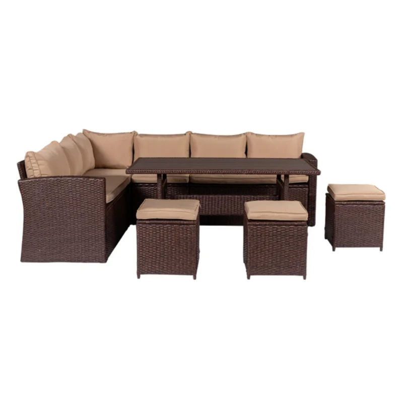 

Eight-Piece Set Outdoor Rattan Dining Table and Chair Brown Wood Grain Rattan Khaki Cushion Plastic Wood Surface