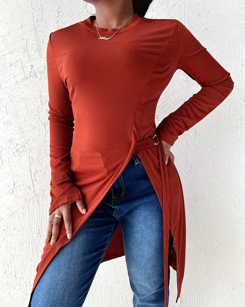 

Женская одежда весна-лето 2022, новинка, повседневный однотонный топ средней длины, Женские повседневные топы с длинным рукавом и круглым выр...