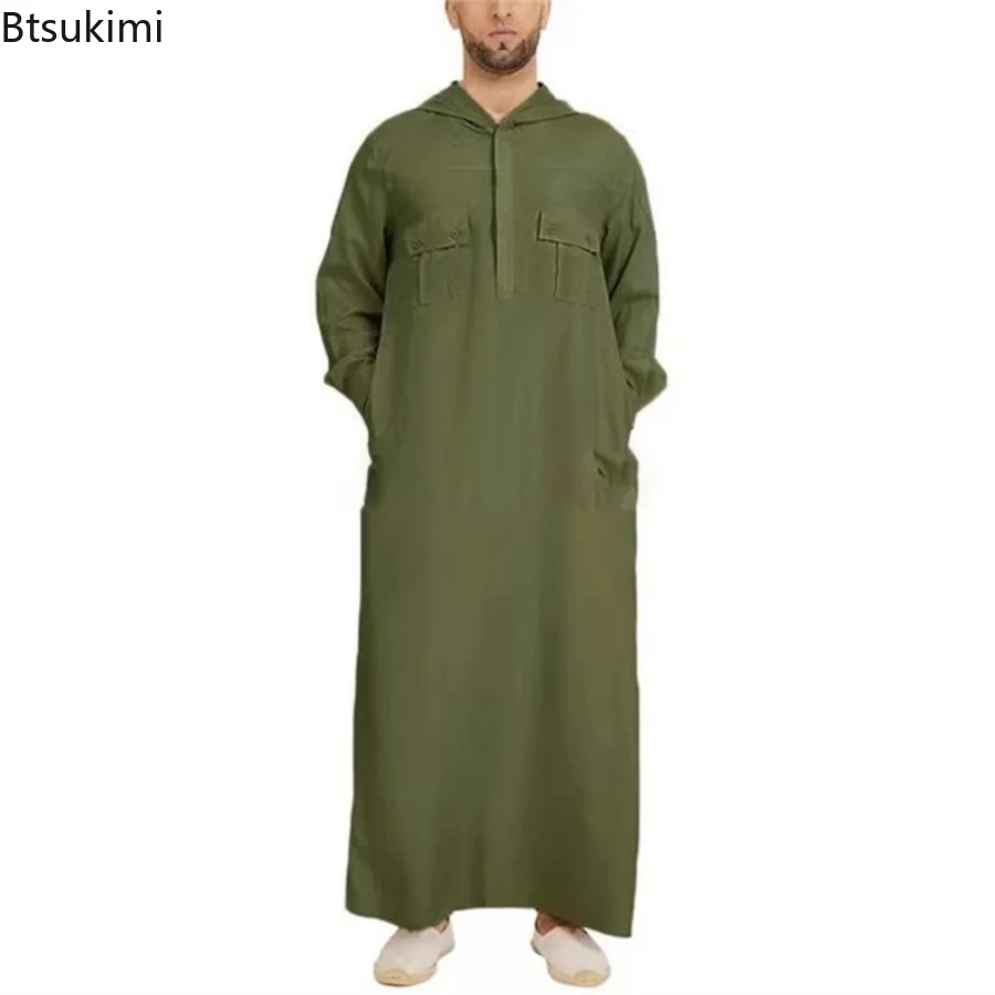 Muslim Fashion Abayas Solid Muslim Hooded Robes Multi-pockets Kaftan Middle East Buttons Jubba Thobe for Men Islamic Clothing