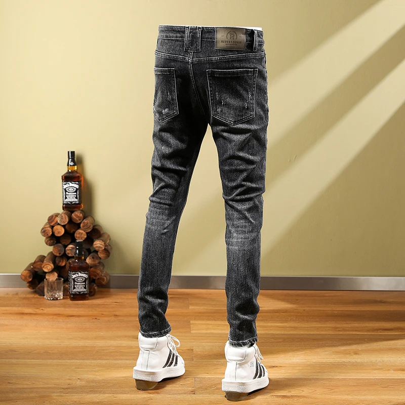 High Street Fashion Men Jeans Retro Black Gray Stretch Skinny Fit Ripped Jeans Men Pocket Designer Patched Hip Hop Pants Hombre