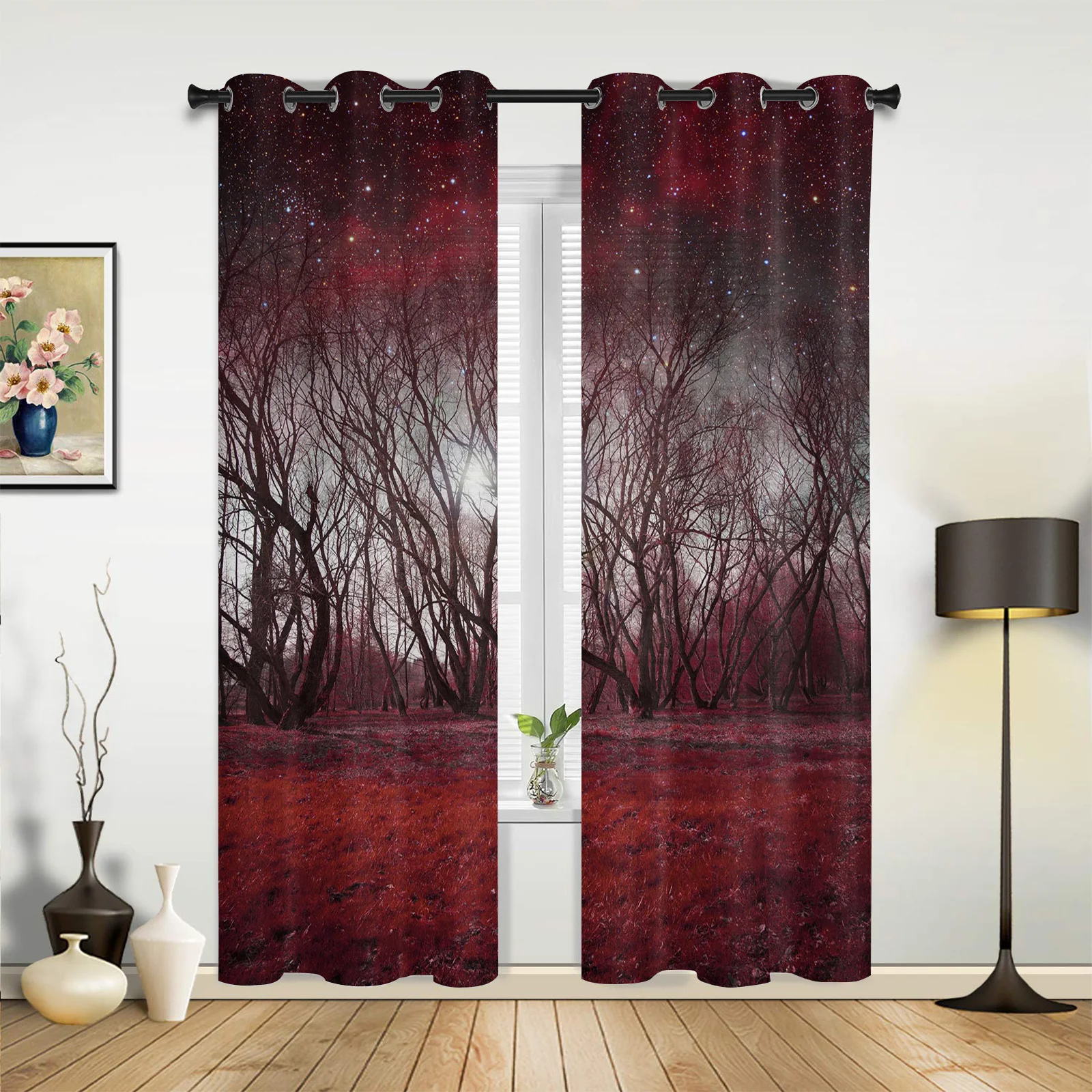 

Red Trees Starry Sky Forest Curtains for Bedroom Living Room Drapes Kitchen Children's Room Window Curtain Modern Home Decor