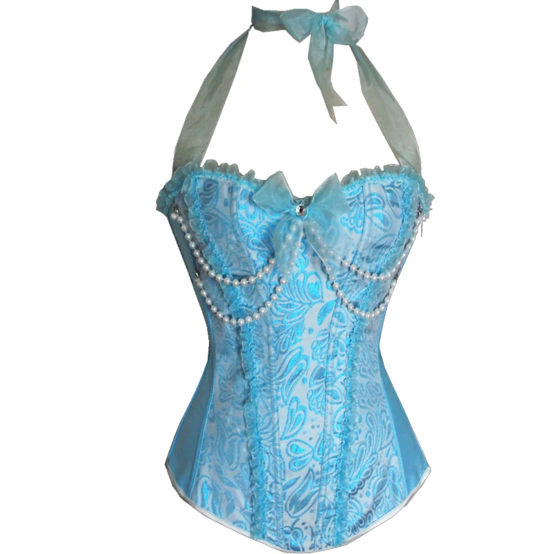 

Women Halter Corset Crops Over Bust Palace Bodysuit Vest Super Fairy Blue Princess Sexy Bustier Bead Wedding Dress Satin Costume