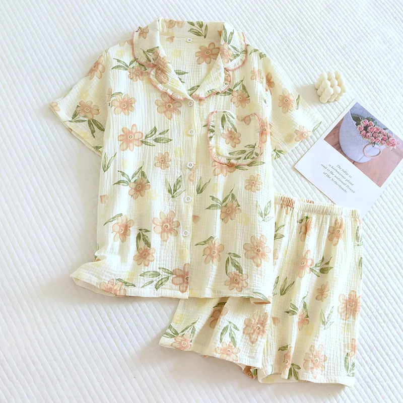 

Women's Summer Short-sleeved Cotton Pajamas 2023 New Flower Print Shorts Loose 2-piece Women Pajama Sleepwear Clothes Set