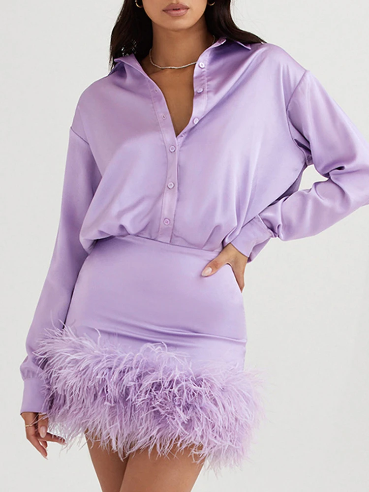 

Sexy Lapel Long Sleeve Feathers Mini Shirt Dress Elegant Lavender Black Patchwork Feathers Boadycon Dress Party Club Birthday