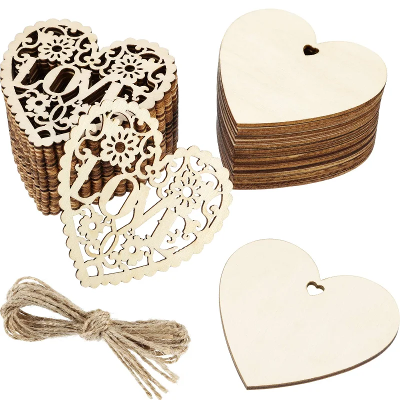 

10pcs Laser Cut Wood Craft Hanging Ornaments Embellishments with Jute Twines, Wedding Party Decor, Valentine's Day Gift