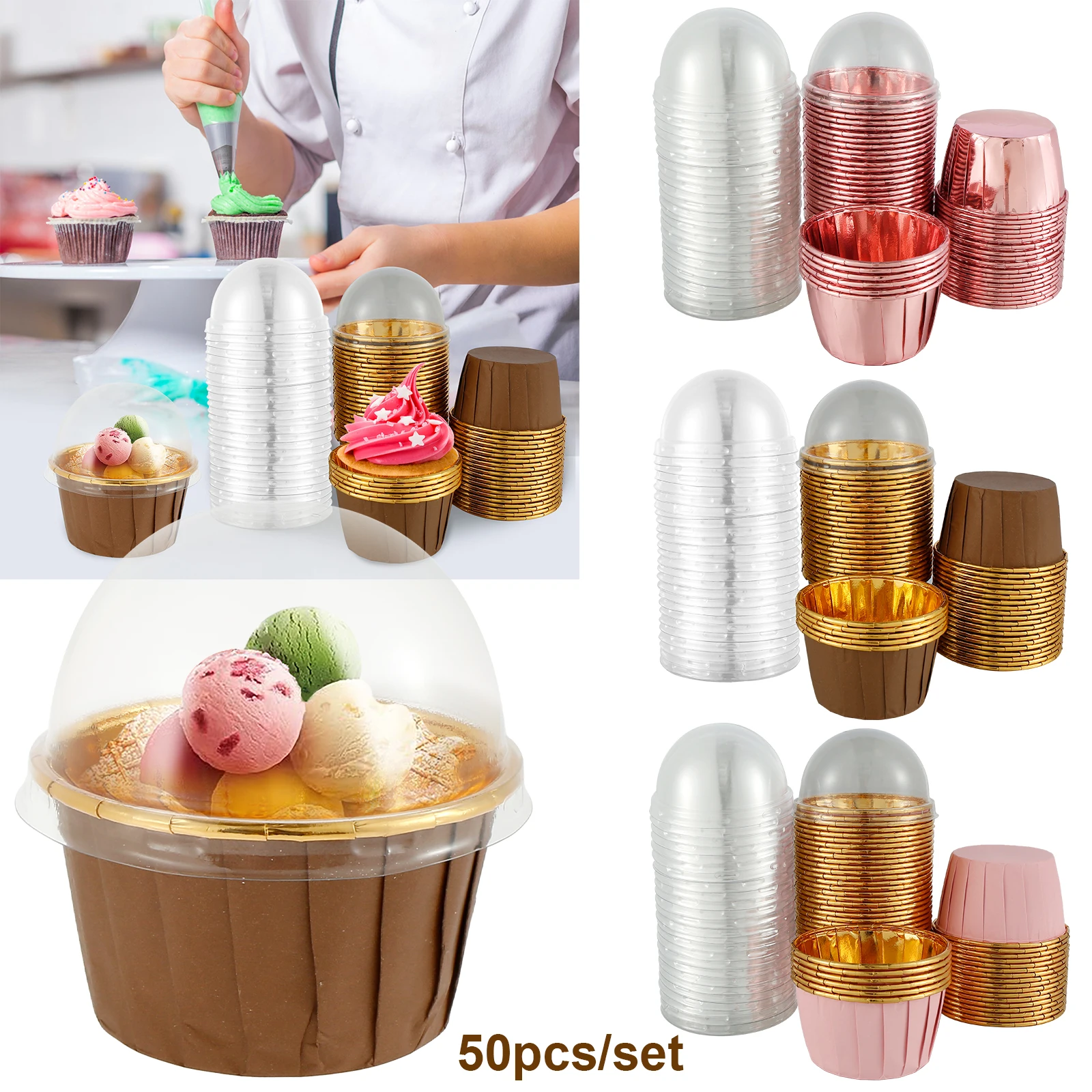 

50pcs Foil Cupcake Liners with Lids Heat Resistant 5.5oz Aluminum Cake Cups Portable Foil Baking Cups Round Aluminum Muffin