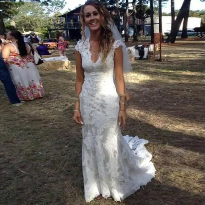 

Vintage Country Wedding Dresses 2022 V Neck Cap Sleeve Lace Wedding Dresses Girls Backless Bridal Wedding Gowns Vestido De Novia