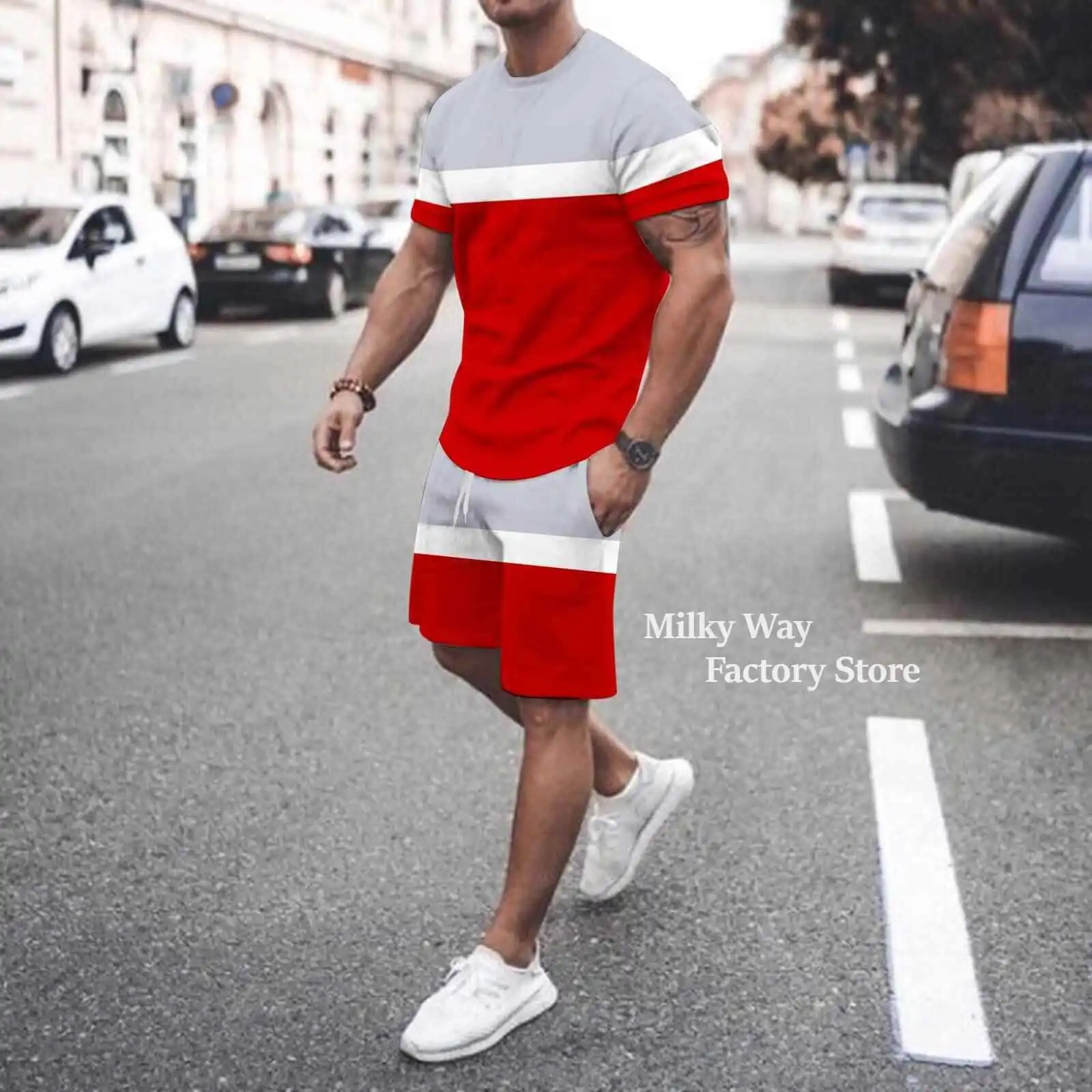 Men's Solid Color Tracksuit T-Shirt Shorts Set Casual Outfits Male Sports Jogging Suit Fashion Clothing StreetwearNew Summer