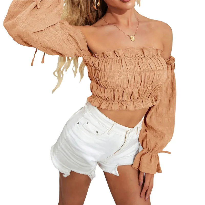 

Женские модные укороченные топы с запахом, футболки, однотонные повседневные футболки с оборками, вырезом лодочкой, открытыми плечами и длинным рукавом для женщин на весну