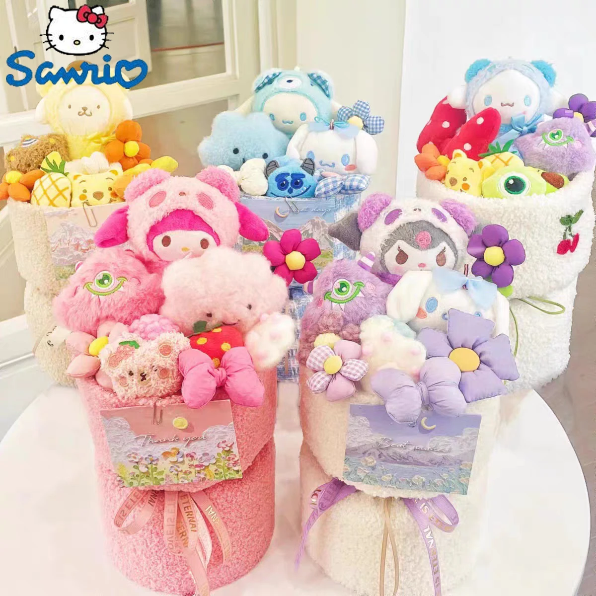 

Sanrio Cartoon Plush Flower Bouquet Hellokitty Mymelody Kuromi Cinnamoroll Pompom Stuffed Plushie Doll Toy Girl Anniversary Gift