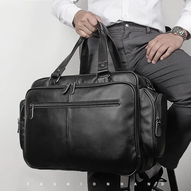 

Luufan Genuine Leather Men Briefcase Large Capacity Office Messenger Bag 15.6'' Laptop Portfolio Male Business Travel Bag Black