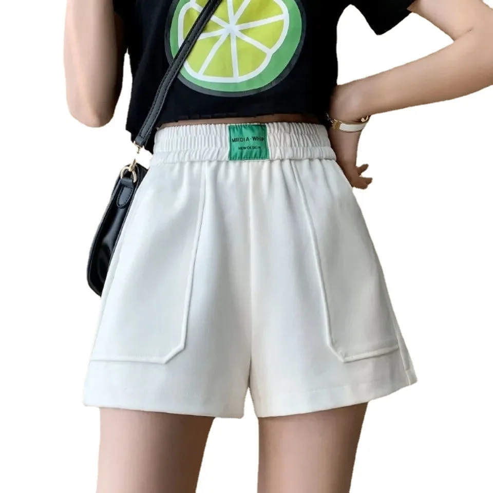 Women's Shorts With Pocket Summer Cotton Pure Color High Waist Hot Pants Casual Loose Sports Pants Elastic Waist Cycling Shorts