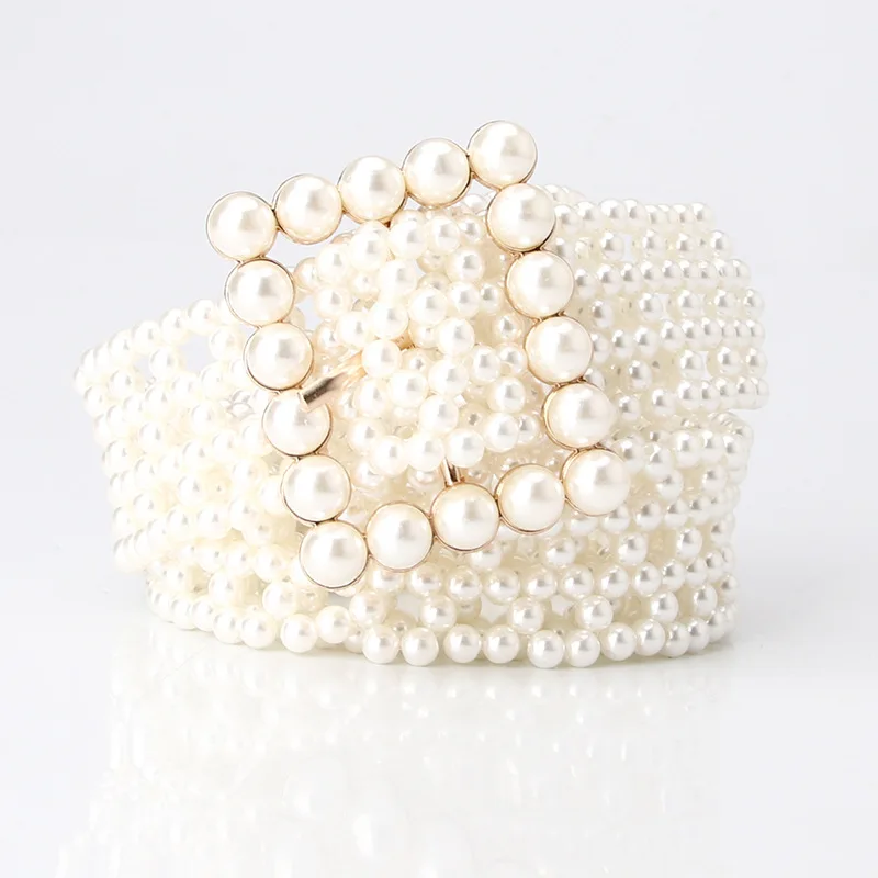 

High Quality Luxury Fashion Brand New Elegant Inlaid Pearl Girdle Decoration Wide Woman Belt Dress Elastic Chain Belt Hot Sale