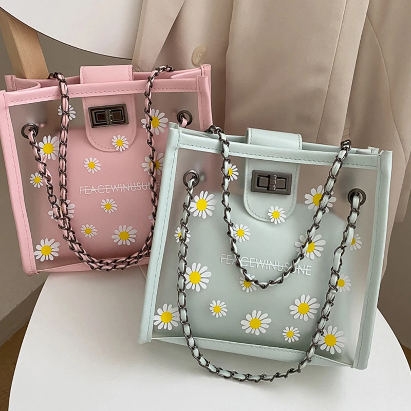 

New 2pcs/Set Women's Daisy Shoulder Bags Fashion All-match Transparent Jelly Chain Bag Women Handbags Purse Clutches