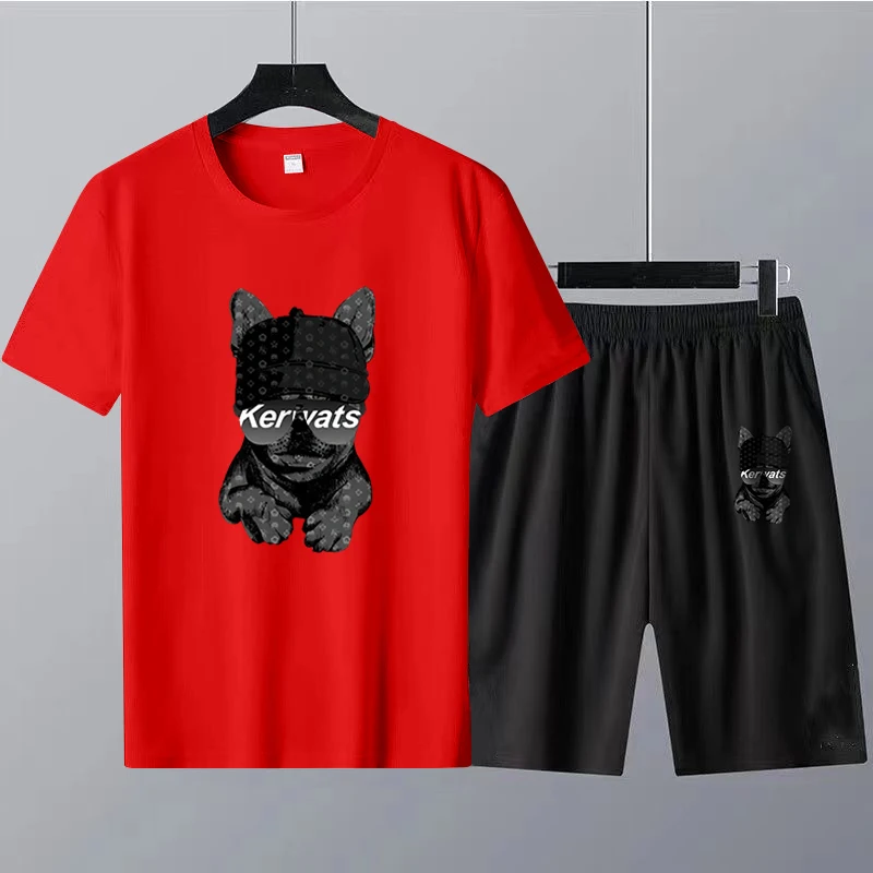2023 Summer New Cute Dog Print O-Neck T-shirt+Shorts Tracksuits 2 Pcs outfits Causal Man Sport Suit Oversized Men Set Cotton