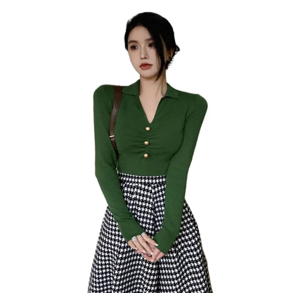 Женский трикотажный пуловер с V-образным вырезом длинным рукавом |