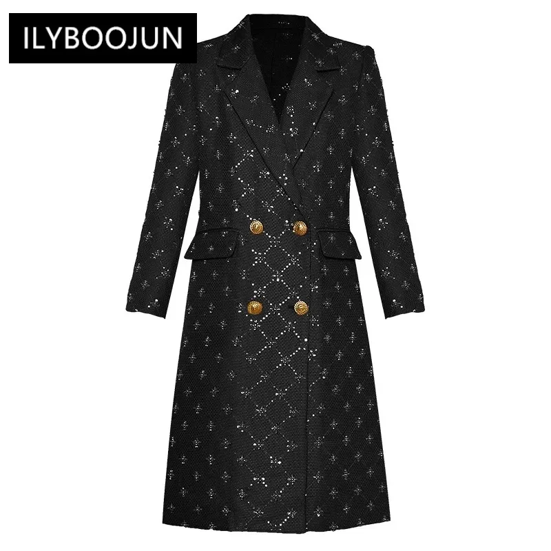 

Fashion Autumn Winter Coat Women Turn-down Collar Long Sleeve Beading Sequins High Street Double Breasted Outerwear For Women