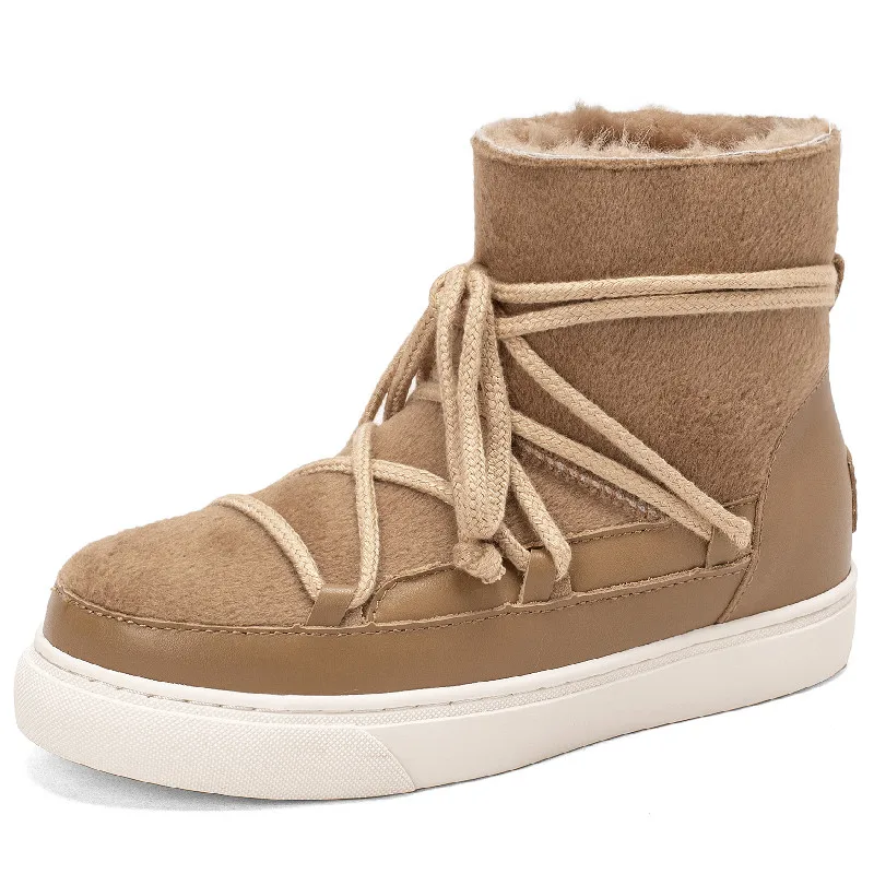 

Dilalula Women Ankle Boots Autumn Winter Warm Snow Boots Fashion Cross-Tied Genuine Leather Flats Platforms Shoes Woman Leisure