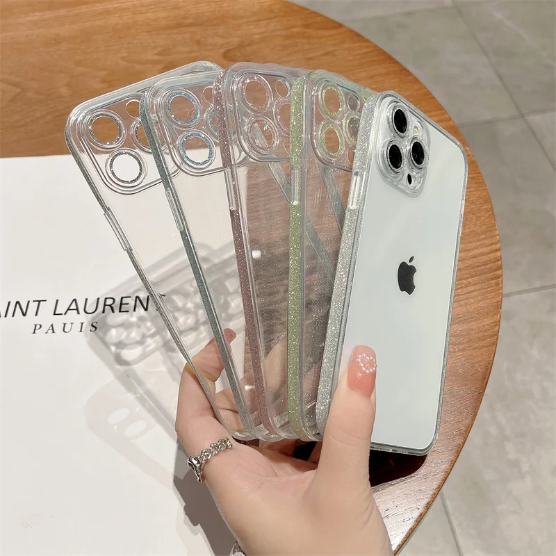 Galaxy Glitter Frame Transparent Glass Phone Case For iPhone 14 13 12 Pro Max Plus Cute Rainbow Luxury Clear Plain Color Protect