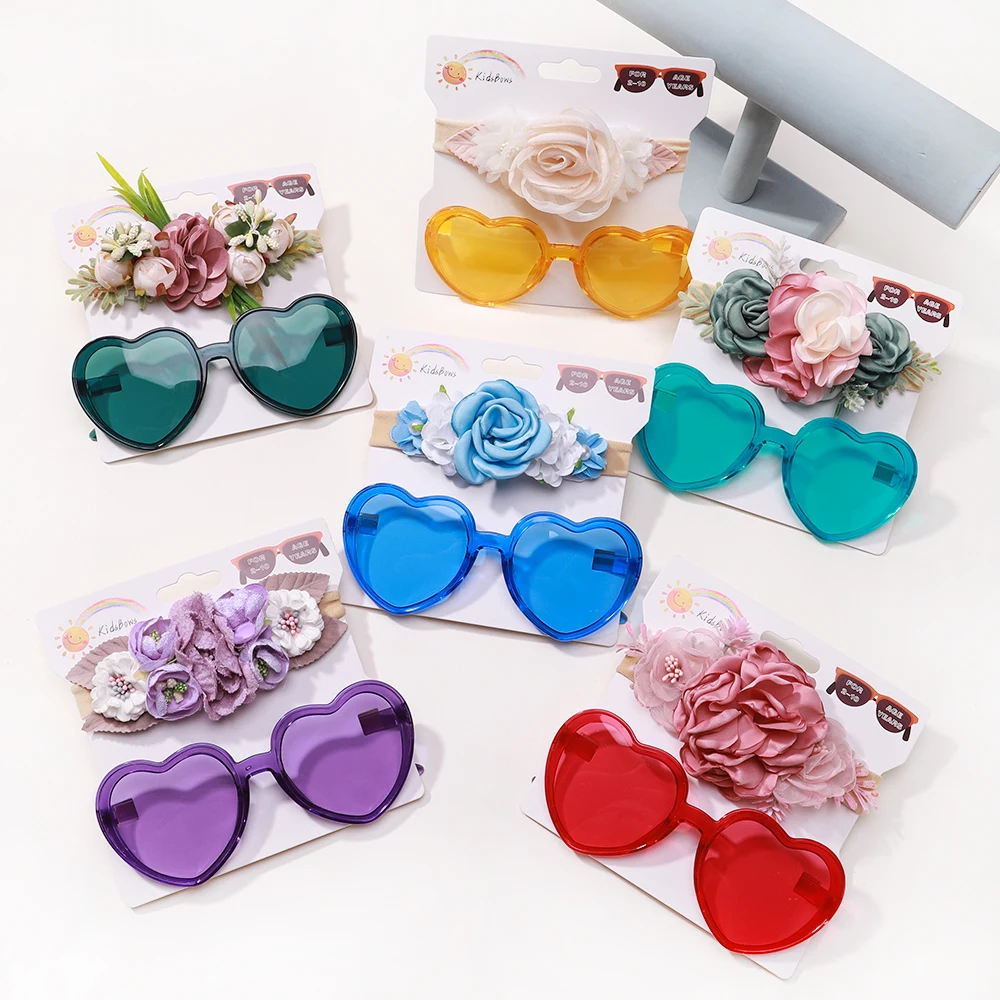 

3PCS Delicate Artificial Flower Headband Sunglass Set for Kids Girl Lovely Peach Heart Protective Glasses Creative Hair Headwear