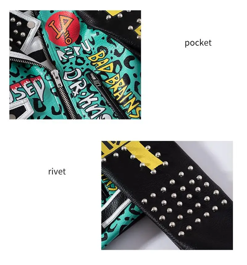 Women's spring and autumn new high street hip-hop rock punk fun leopard pattern graffiti print rivet belt leather jacket spot