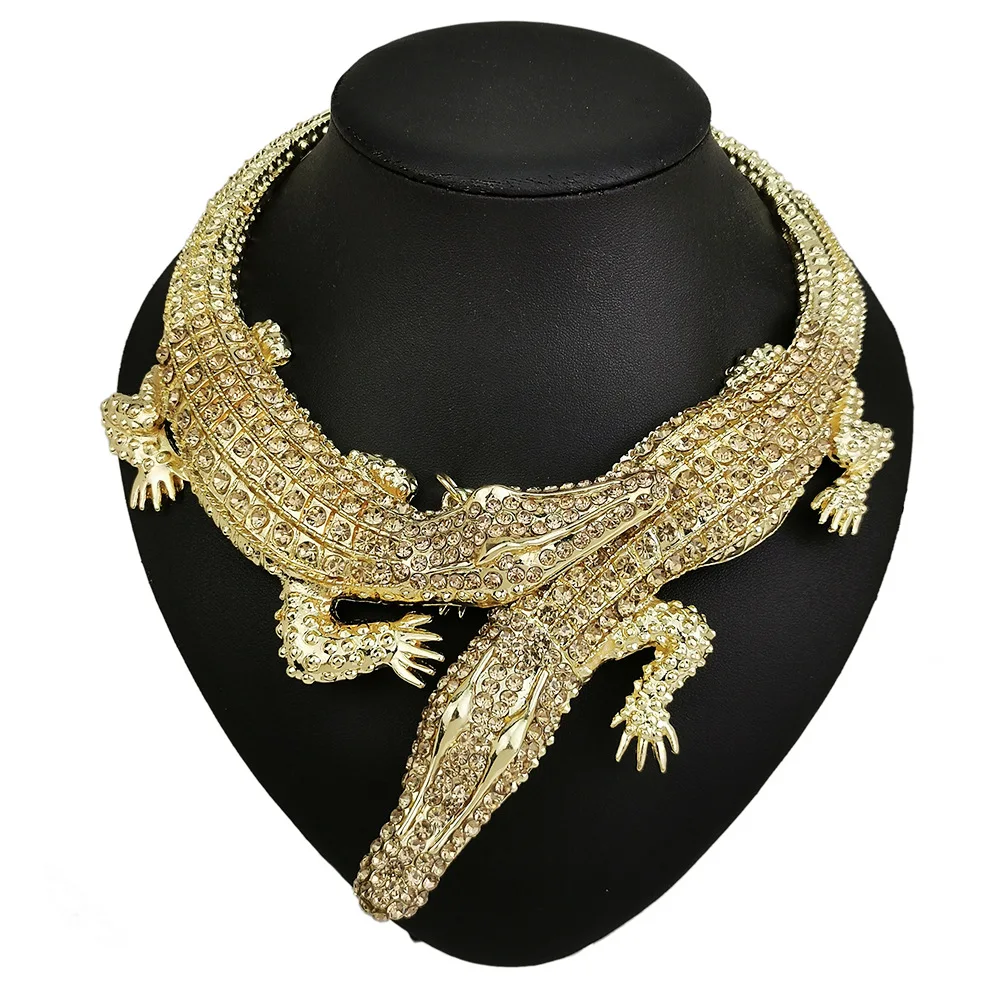 Fashion Heavy Metal Double Crocodile Chokers Necklaces With Crystal Rhinestone Women Statement Vintage Big Chunky Large Necklace
