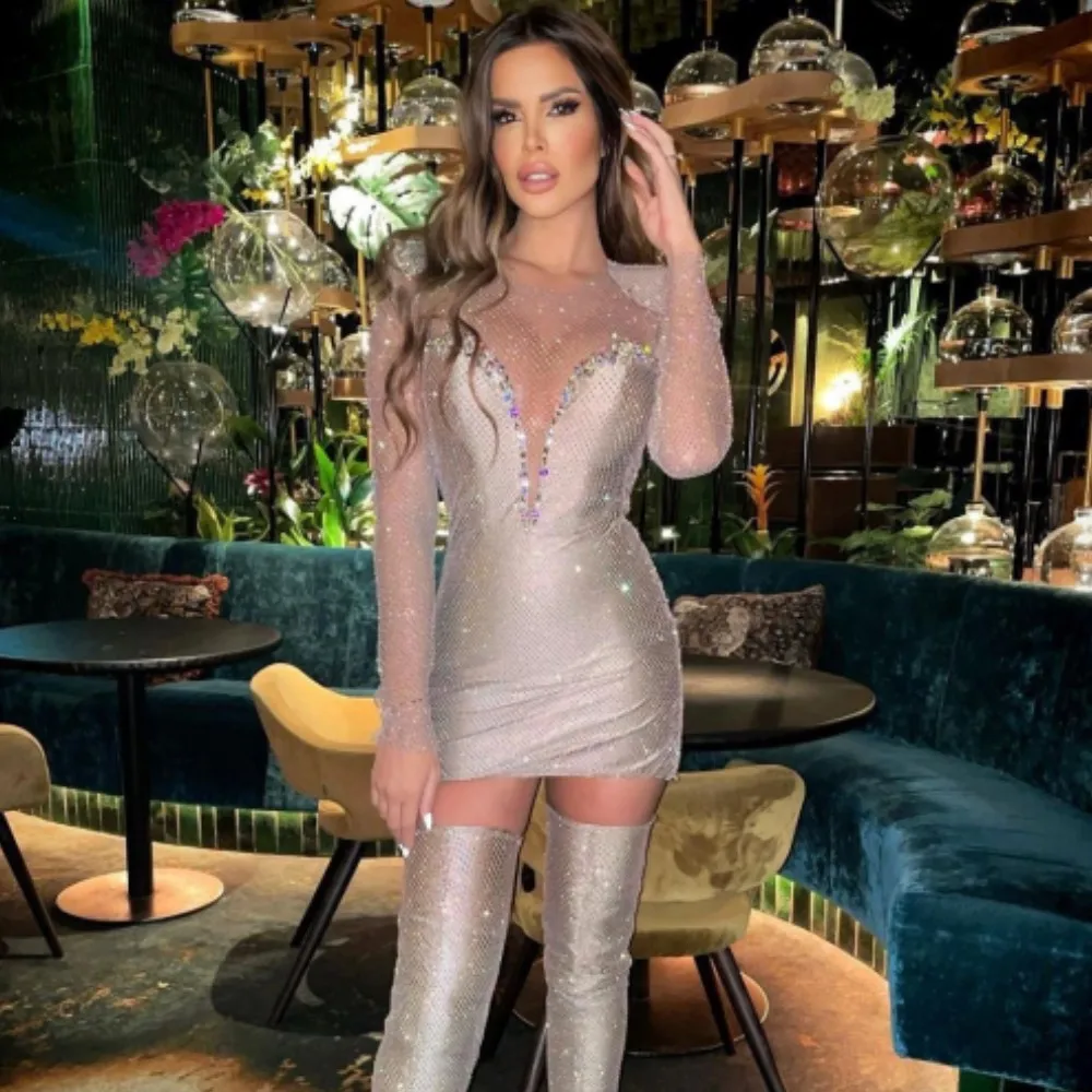 

Summer Fashion Mini Casual Bandage Dress 2023 Rayon Slim Long Sleeves Diamond Set Transparent Mesh Slim Celebrity Party Dress