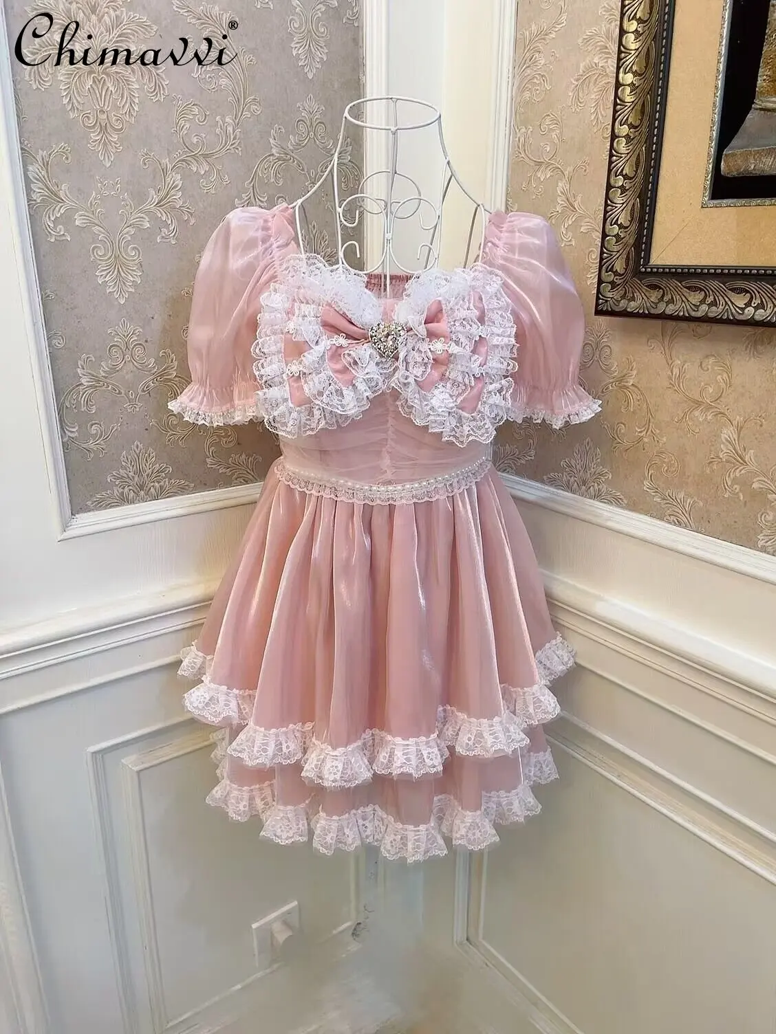 Lolita Princess Bowknot Love Diamond Cake Pearl Dress Fashion Lace Puff Sleeve Slim Organza Dress Sweet Temperament Dresses