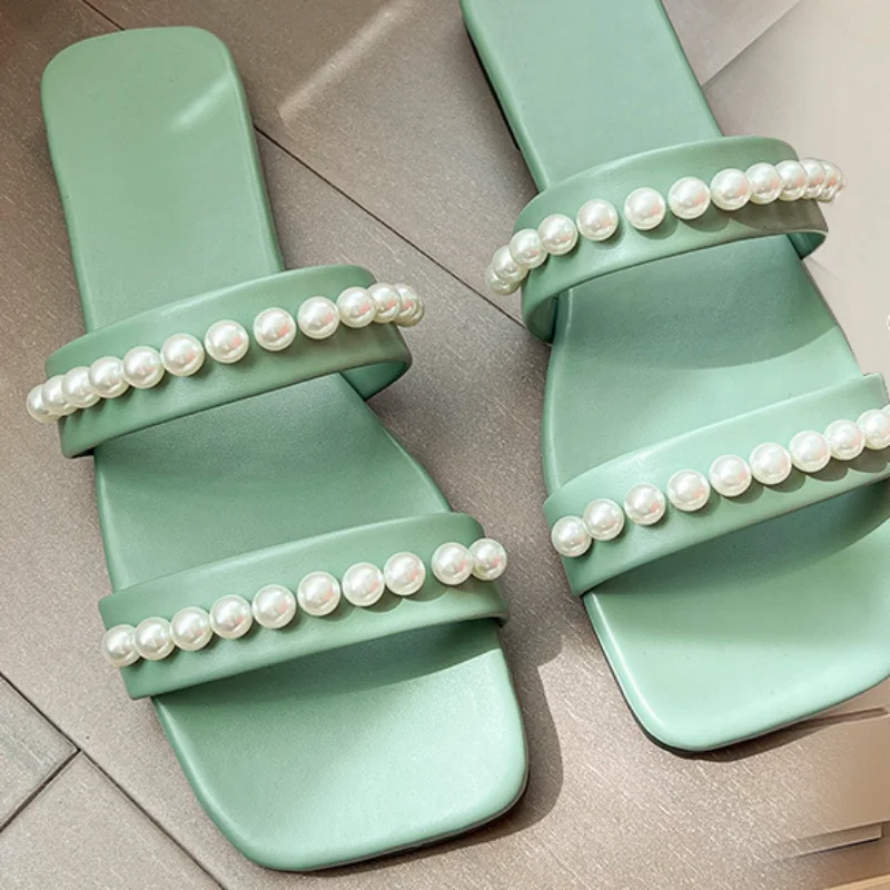 Women Faux Pearl Decor Double Strap Flat Sandals Summer Outdoor Vacation Fashion Beach Slides Casual Elegant Office-Ladies Shoes