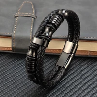 luxury genuine black leather beads bracelet for men stainless steel magnetic clasp fashion punk multi layer bangles male jewelry