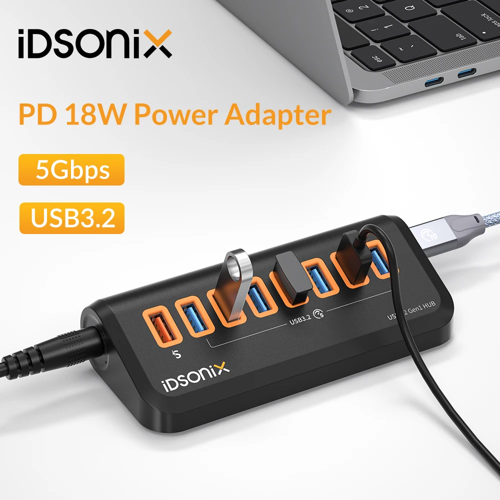 

iDsonix USB Hub PD 18W Powered Adapter Splitter 7 Port 5Gbps Docking Station USB 3.2 Hub for Macbook Laptop Computer Accessories