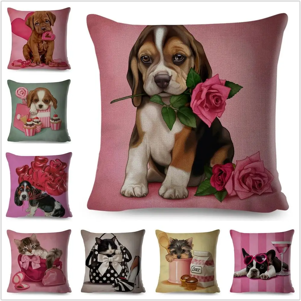 

Cute Pet Dog Pillow Case Pink Dog Cotton Linen Pillowcase Sofa Bed Home Decor Car Decoration Boy Girl Kids Living Room 45x45