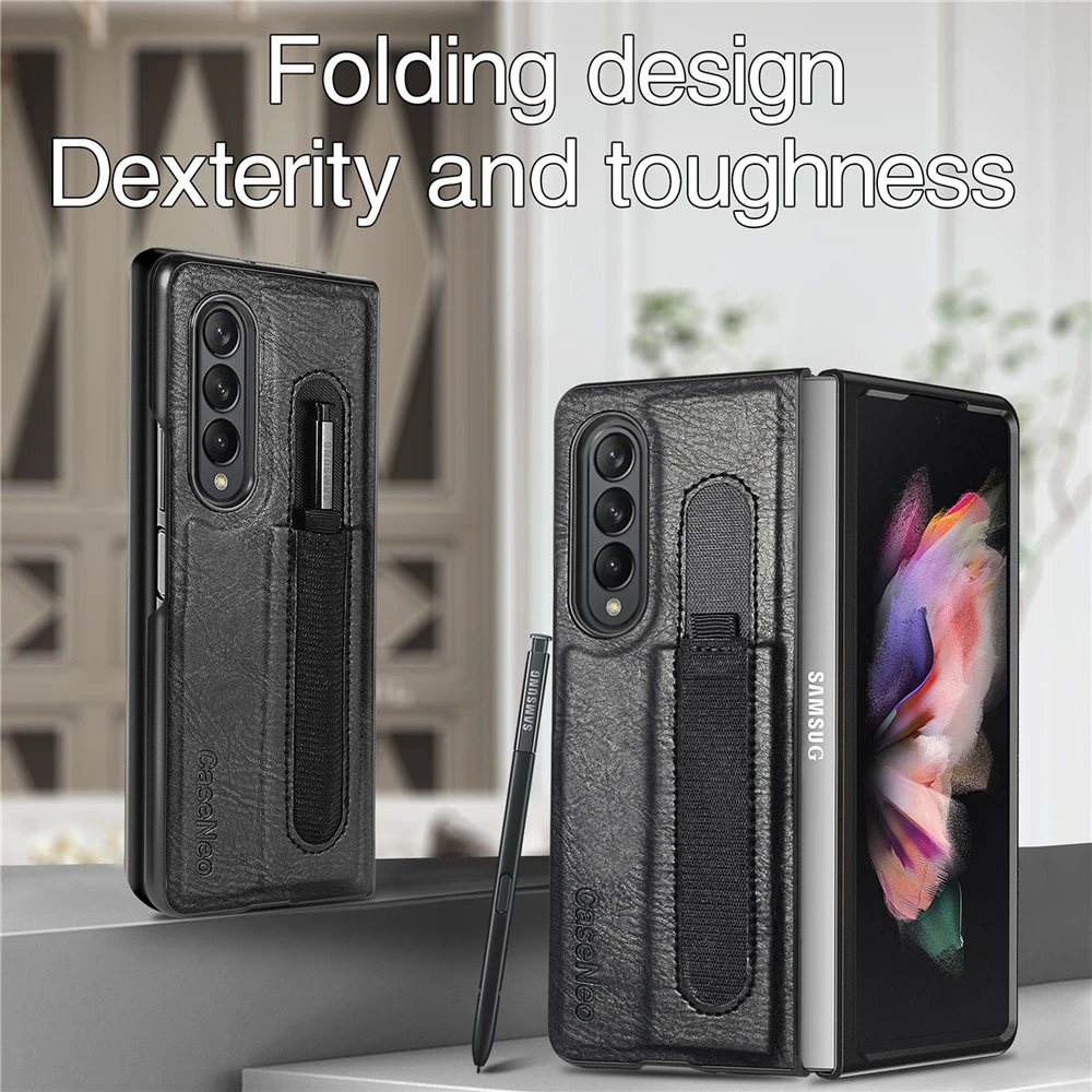 

With S Pen Holder Luxury Leather 360° Full Cover For Samsung Galaxy Z Fold 3 5G Case Shockproof Phone Cases Coque Funda (No Pen)