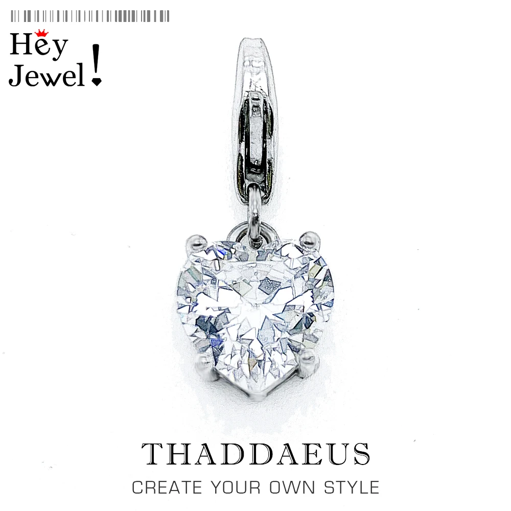 

925 Sterling Silver Heart with White Stone Charm Pendant Fashion Jewelry Gleam Gift For Women Girls DIY Making Bracelet