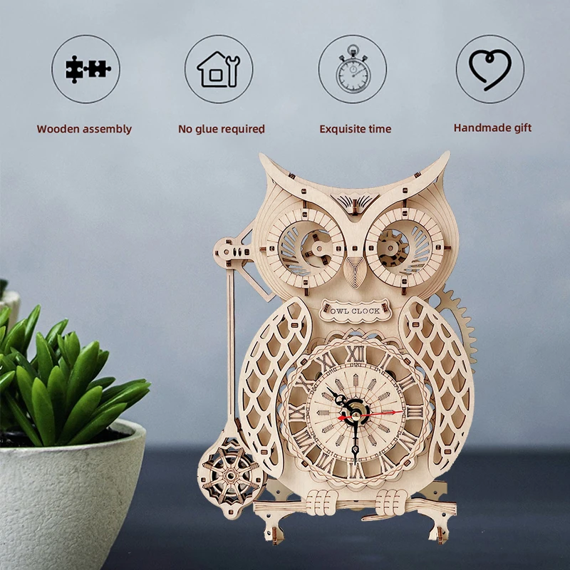 

3D Wooden Puzzle Owl Retro Clock Building Block Creative DIY Mechanical Montessori Educational Toys for Child Kids Adult