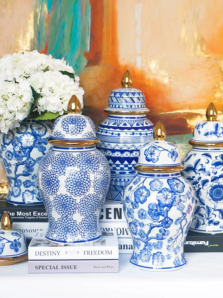 

Light Luxury Phnom Penh Blue and White Ceramic General Jar Flower Arrangement New Chinese Retro Porch Decoration Vase Ornaments
