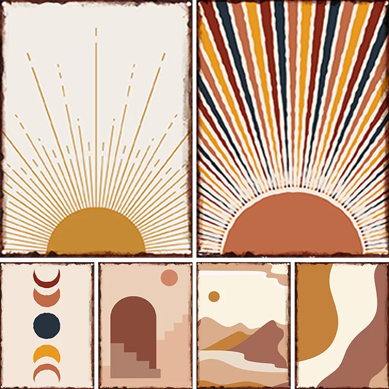 

Boho Style Tin Painting Beige Black Abstract Line Art Metal Signage Picture Poster Bedroom Living Room Interior Aesthetic Decor