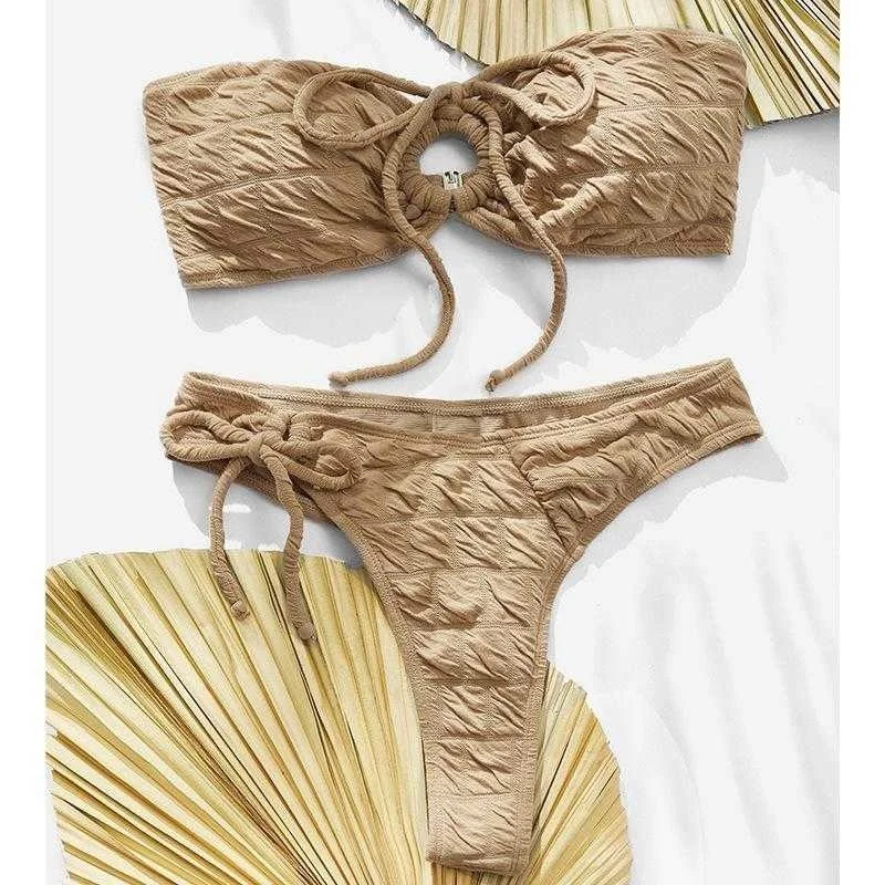 

Solid Color Fabric Swimsuit Sexy Lacing Tube Top Split High Waist Bikini