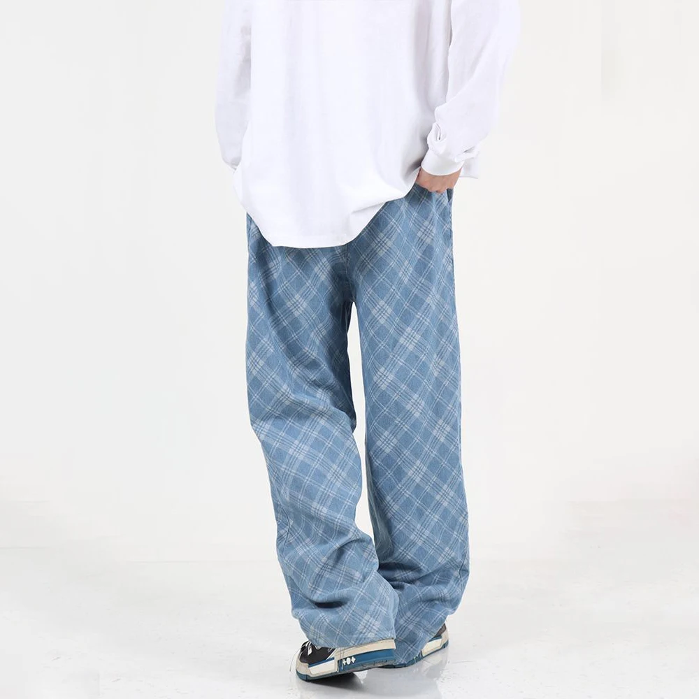 Men Jeans Plaid Baggy Jeans Fashion Loose Straight Wide Leg Pants Streetwear Harajuku Trousers Oversize Hip Hop High Street