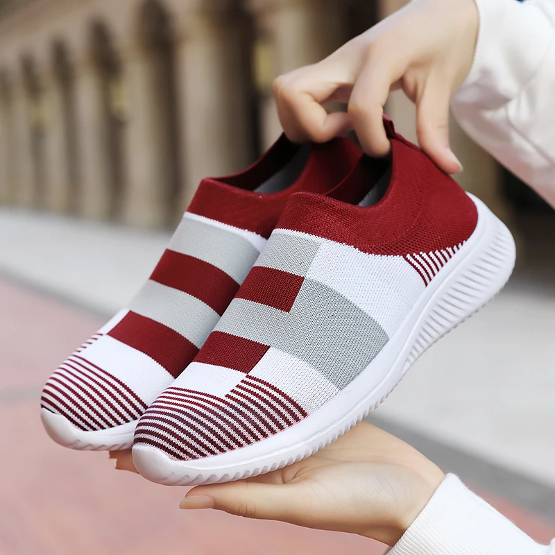 Womens Fashion Slip-on Lightweight Sneakers Weave Mesh Fabric Flats Shoes Casual Walking Shoes