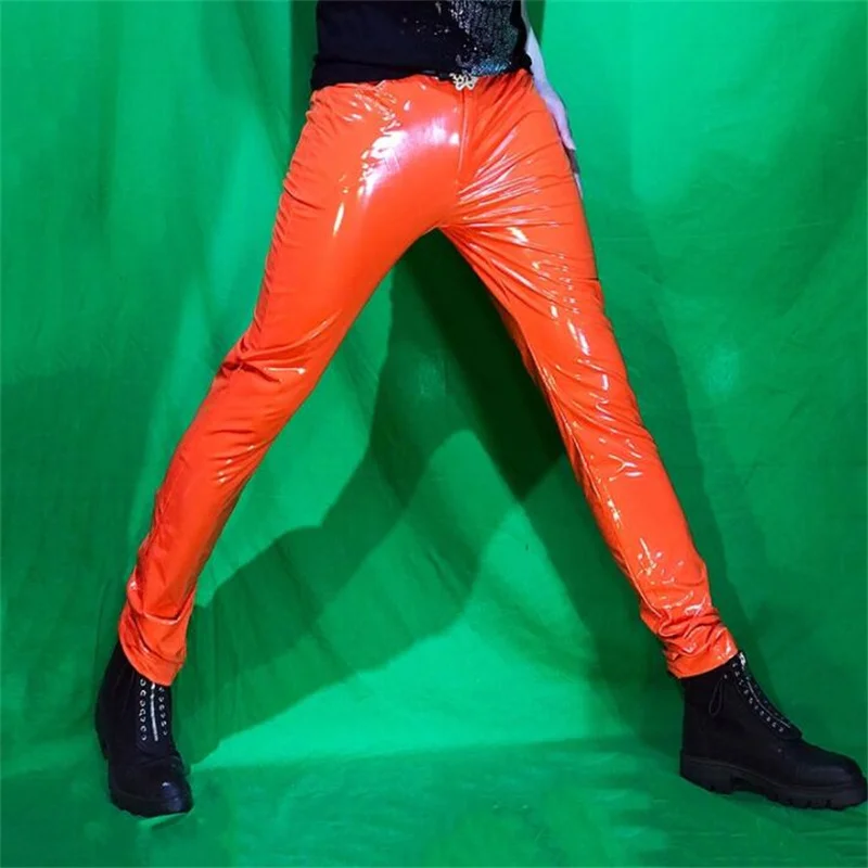 Reflective bright PU pants mens mirror tight elastic patent leather pants sexy nightclub men's DS costumes spring and summer